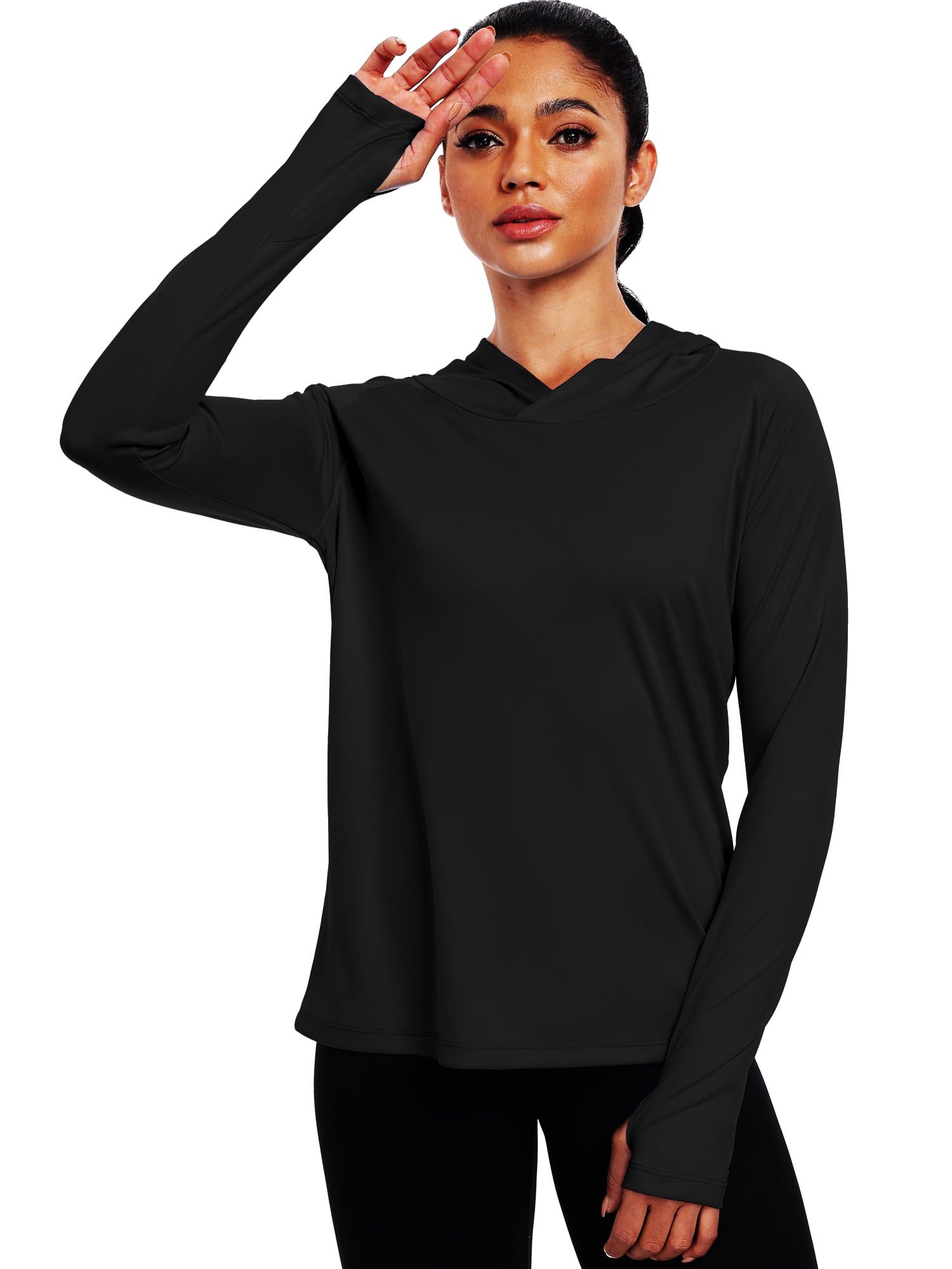 NELEUS black long sleeve workout shirt with thumb holes from Walmart, a Lululemon Swiftly Tech alternative