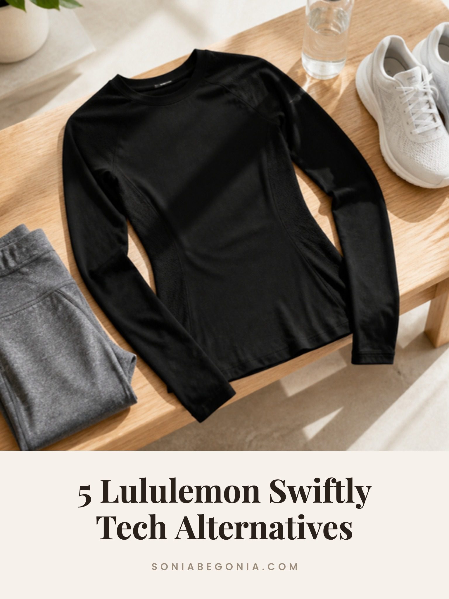 Lululemon Swiftly Tech alternatives: a black seamless long sleeve running top on a wooden bench