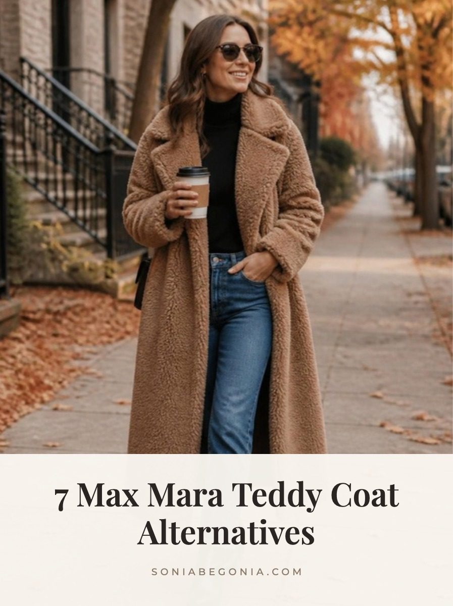 Max Mara teddy coat alternatives: woman wearing a long camel teddy coat with jeans and black boots on an autumn street