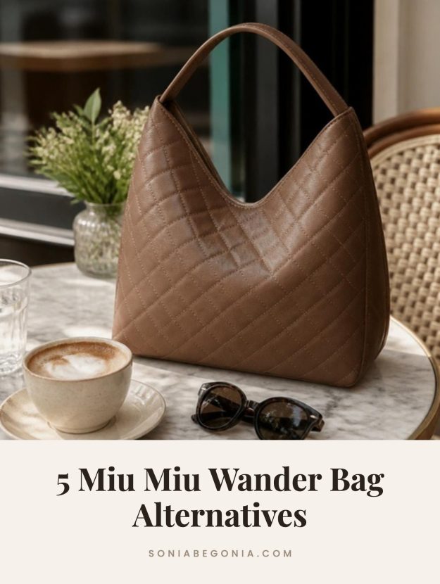 Miu Miu Wander bag alternatives: a brown quilted hobo bag on a marble cafe table with a cappuccino