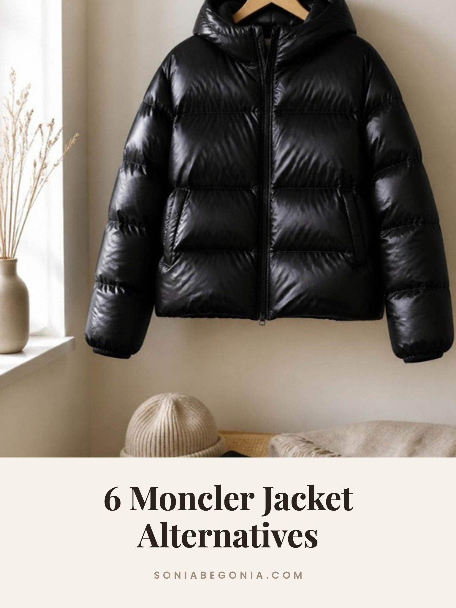 Moncler jacket alternatives: a glossy black hooded puffer jacket on a hanger