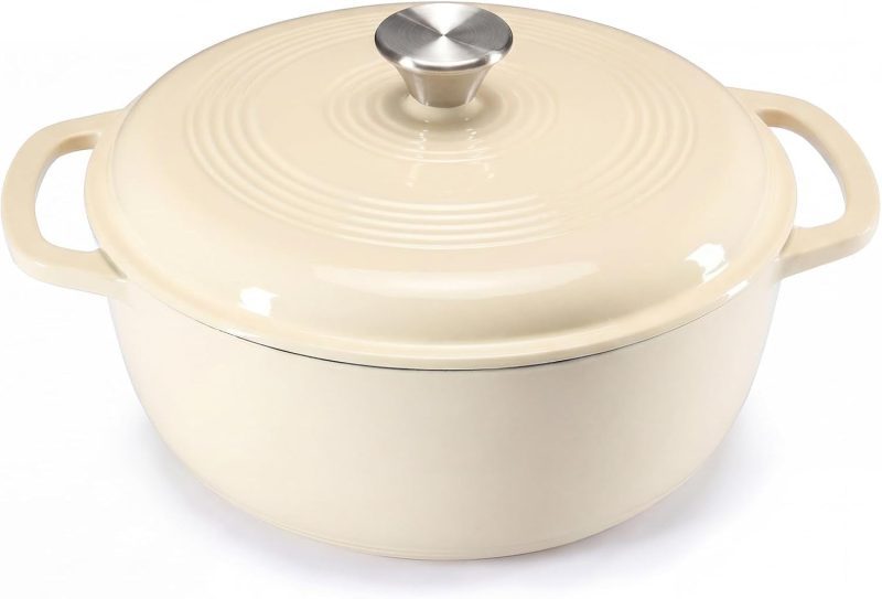 Beige NEWBULIG 6 quart enameled cast iron Dutch oven from Amazon, a Le Creuset Dutch oven alternative