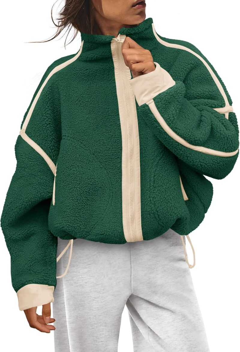 Dark green fuzzy fleece jacket with cream contrast trim from Amazon, a Free People Hit the Slopes jacket alternative