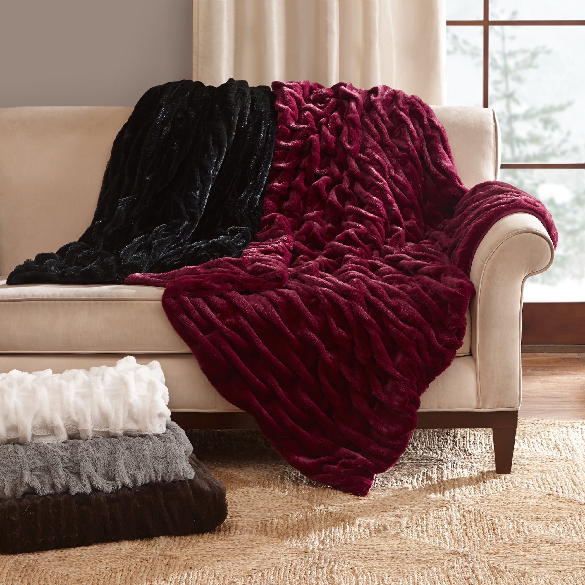 Oversized ruched faux fur throw from Walmart, a Pottery Barn faux fur throw alternative