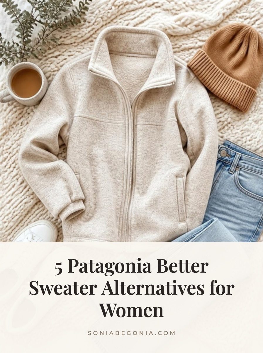 Patagonia Better Sweater alternatives for women: oatmeal sweater fleece zip up jacket styled with light wash jeans, white sneakers and a tan beanie