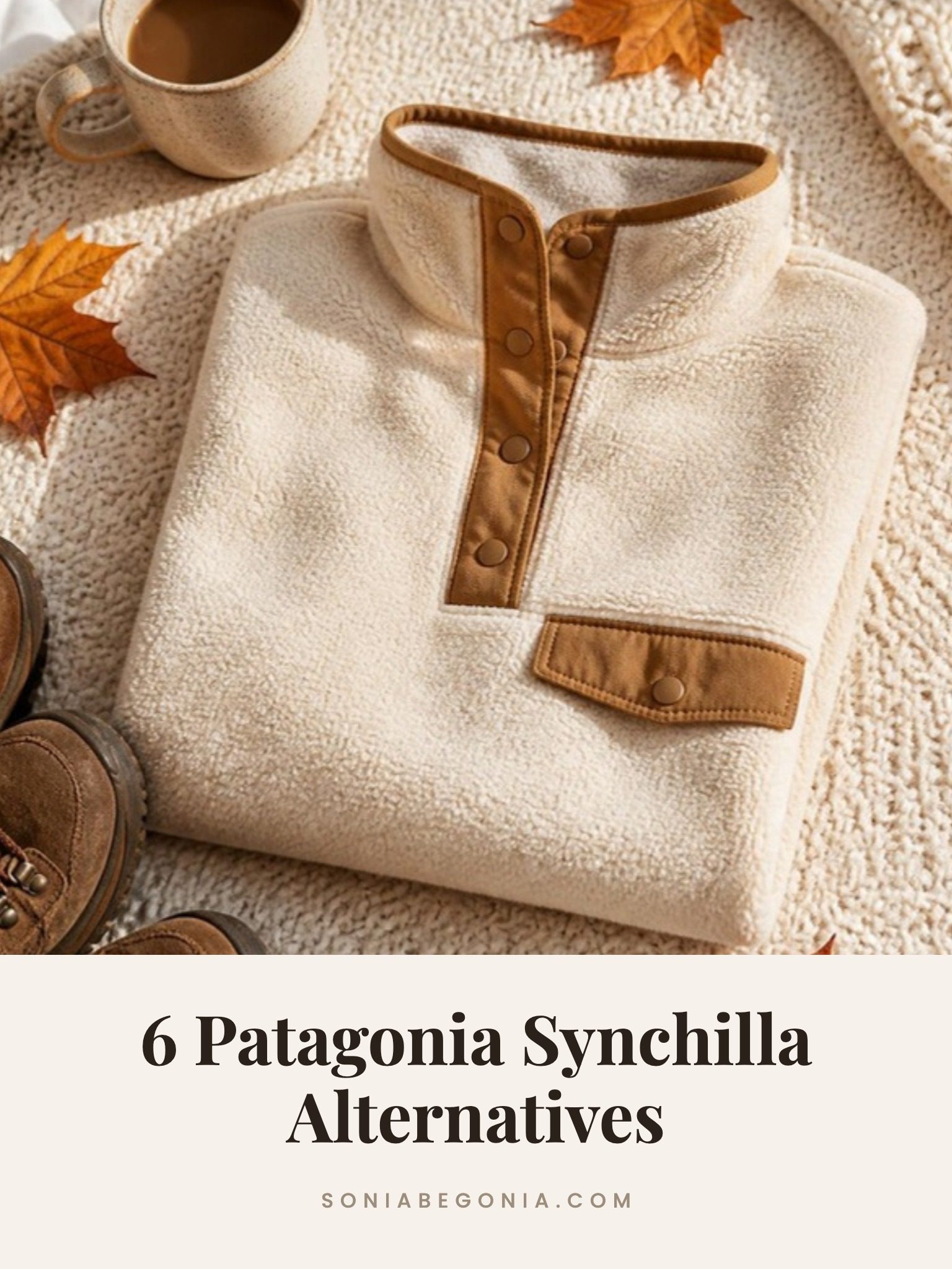 Patagonia Synchilla alternatives: a cream fleece snap collar pullover folded on a knit blanket