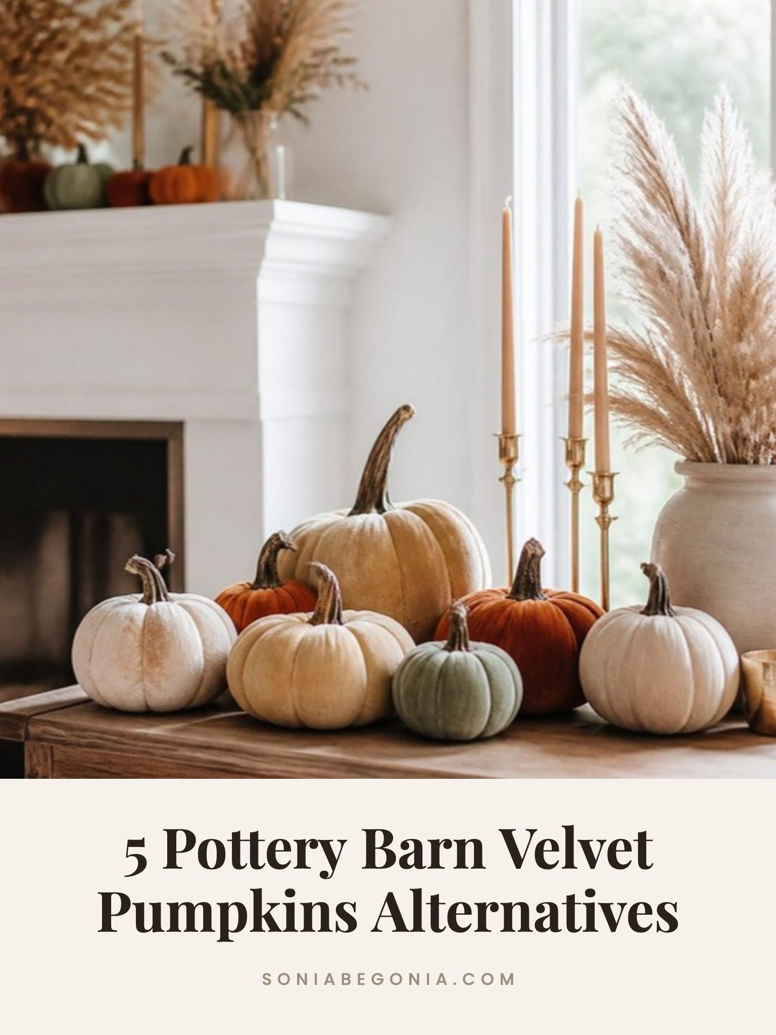 Pottery Barn velvet pumpkins alternatives: velvet pumpkins on a fall mantel and wooden console table