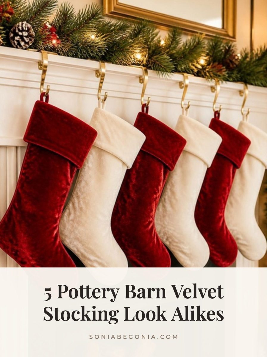Pottery Barn velvet stocking look alikes: red and ivory velvet Christmas stockings on a white mantel with pine garland and warm lights