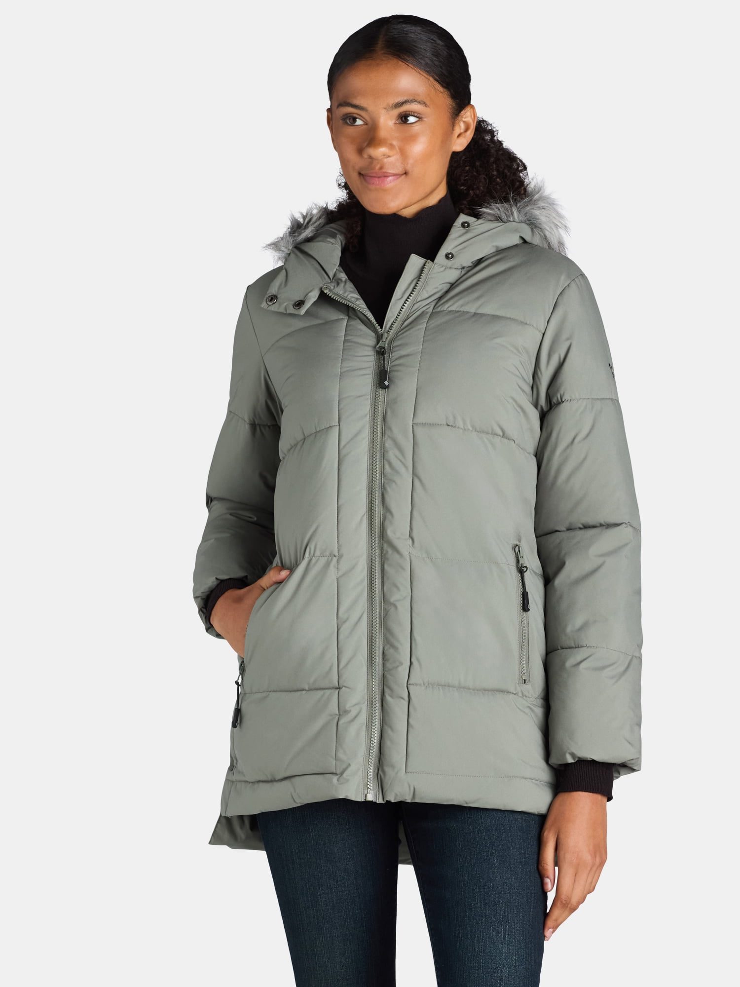 Quilted puffer coat with a faux fur trim hood from Walmart, a Canada Goose parka alternative