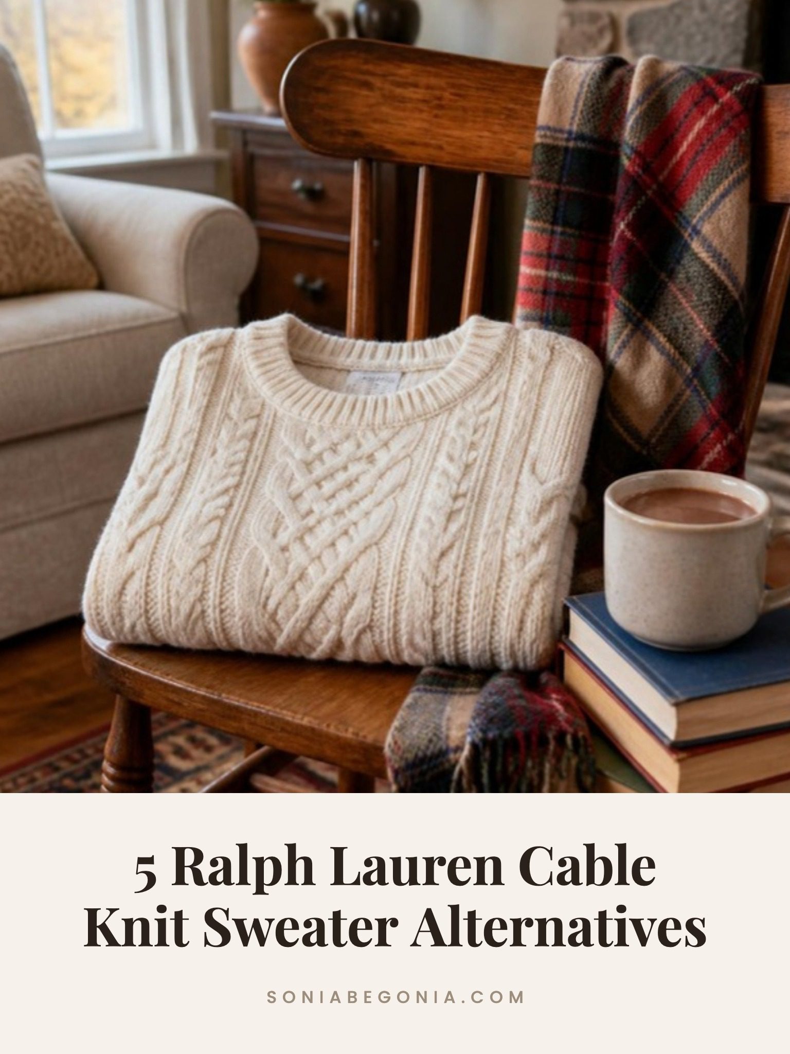 Ralph Lauren cable knit sweater alternatives: a cream cable knit sweater folded on a wooden chair