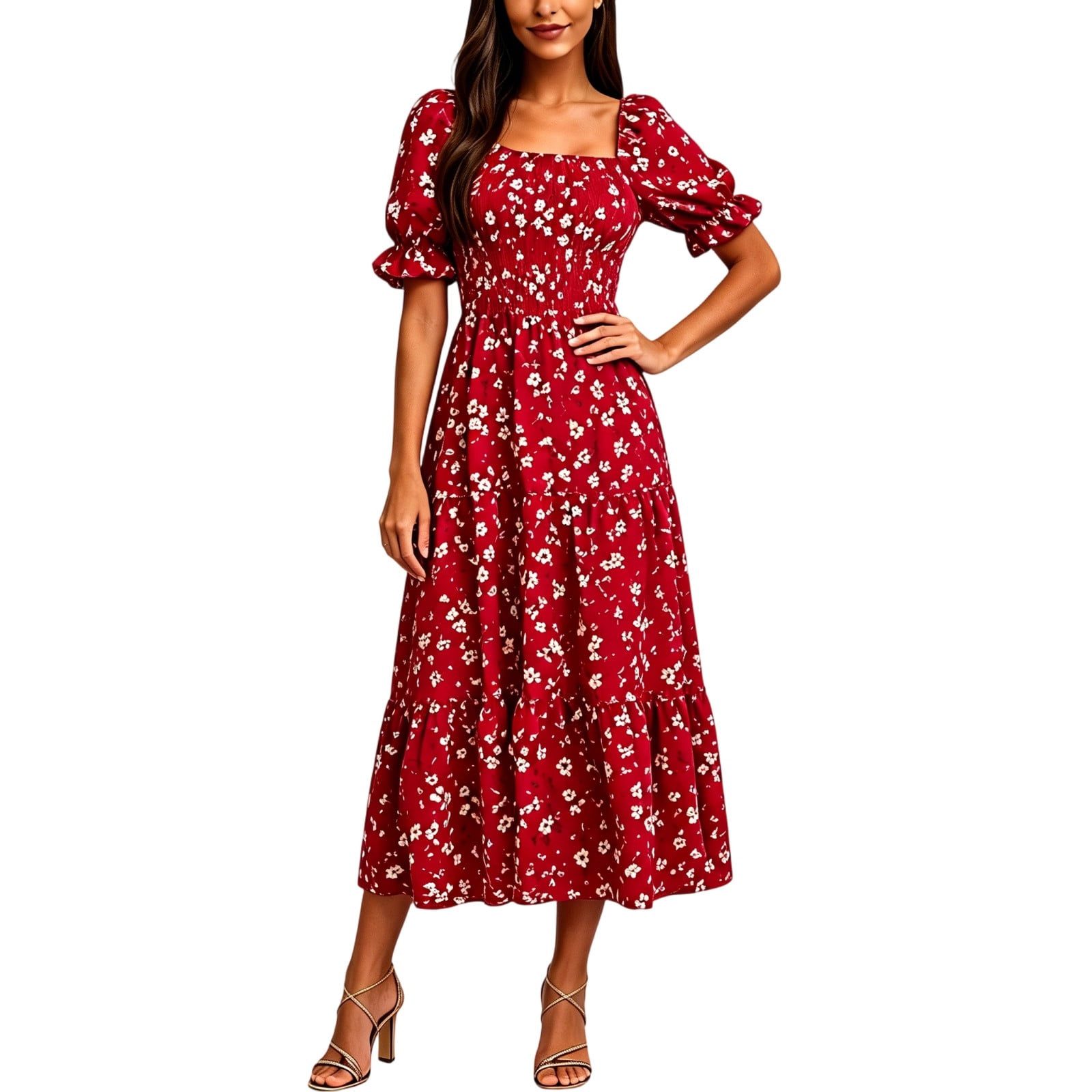 WRFWUL red vintage floral smocked midi dress with puff sleeves from Walmart, a Doen dress look alike
