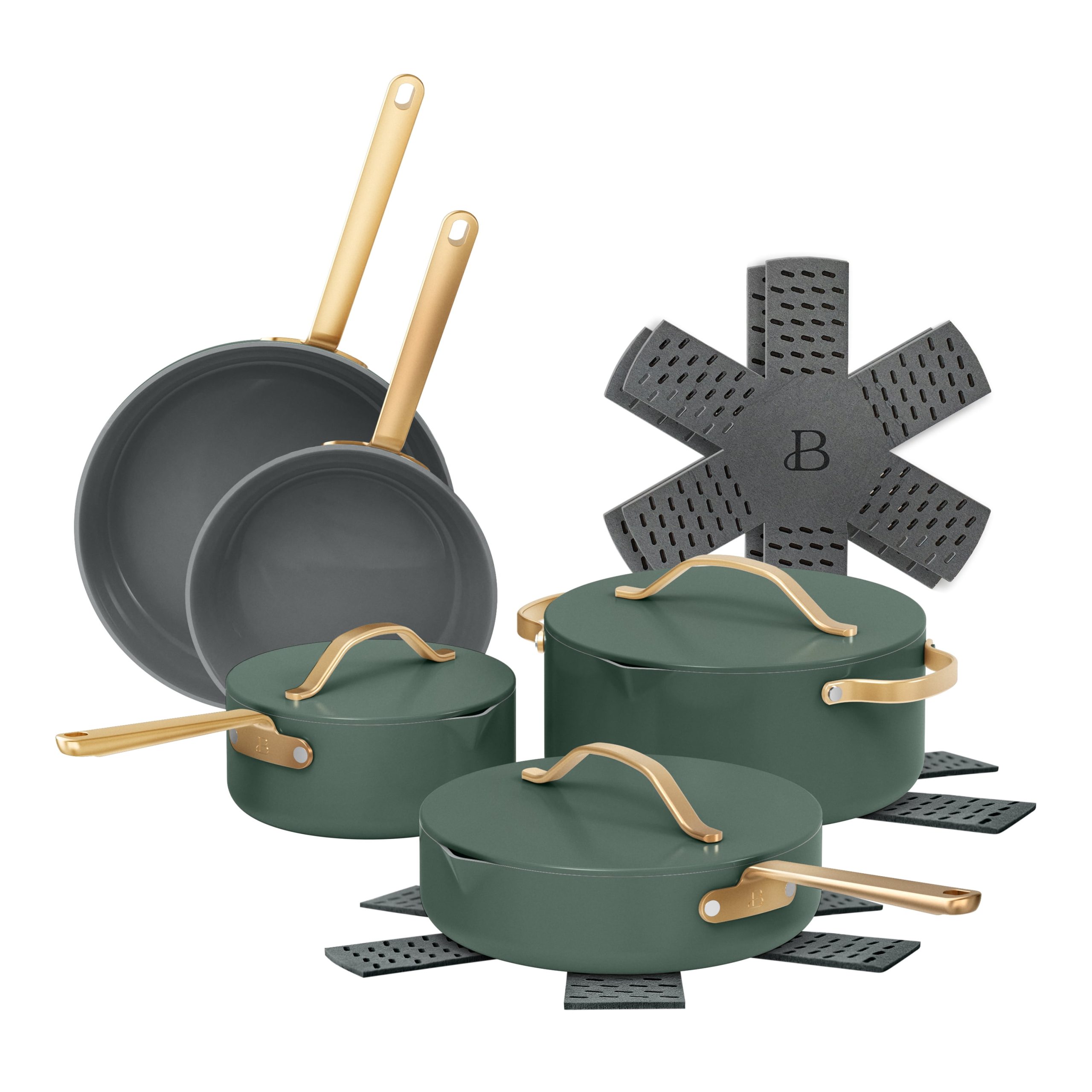 Sage green ceramic nonstick cookware set with gold tone handles from Walmart, a Caraway cookware alternative
