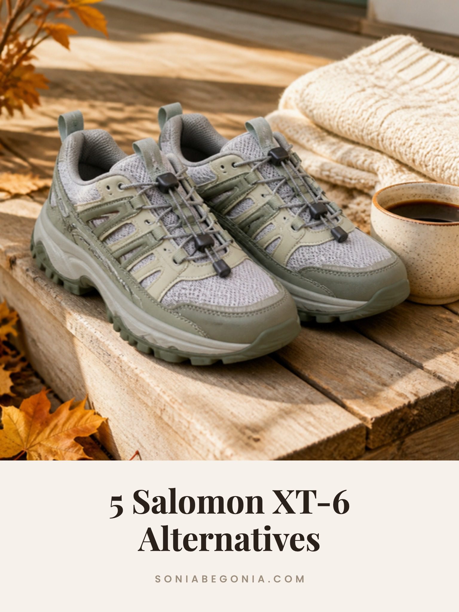 Salomon XT-6 alternatives: sage green trail sneakers with quick laces on a sunny wooden porch with fall leaves