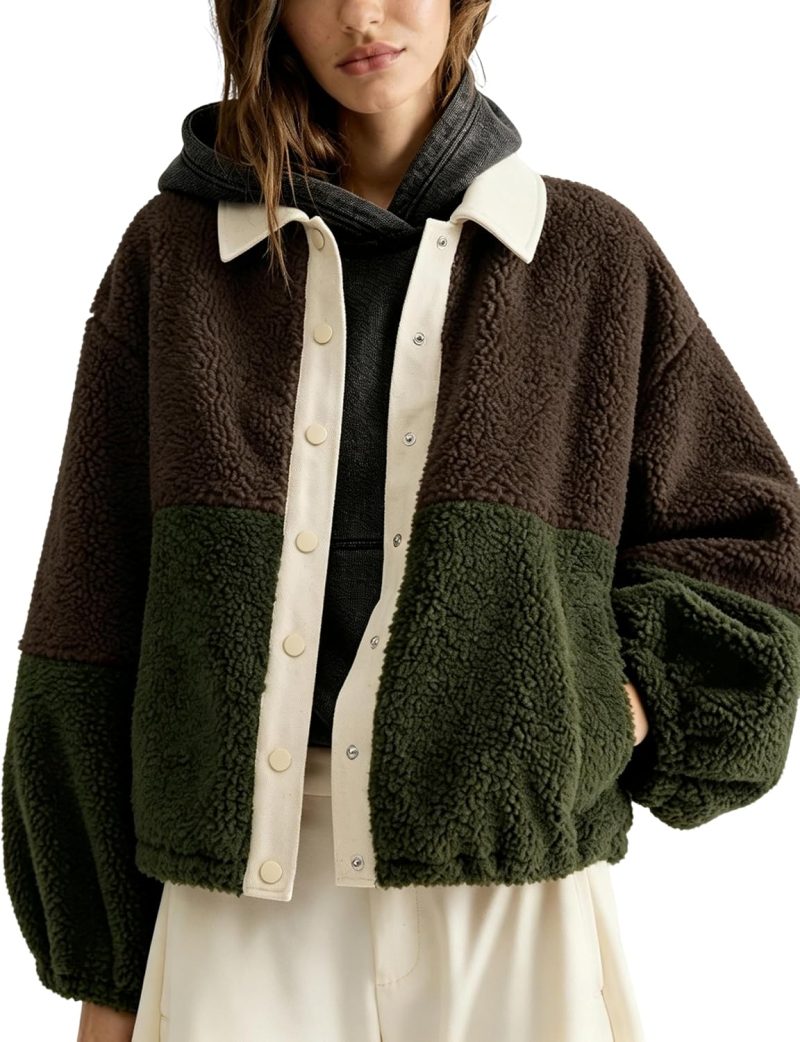 Black and olive color block sherpa jacket with lapel collar from Amazon, a Free People Hit the Slopes jacket alternative