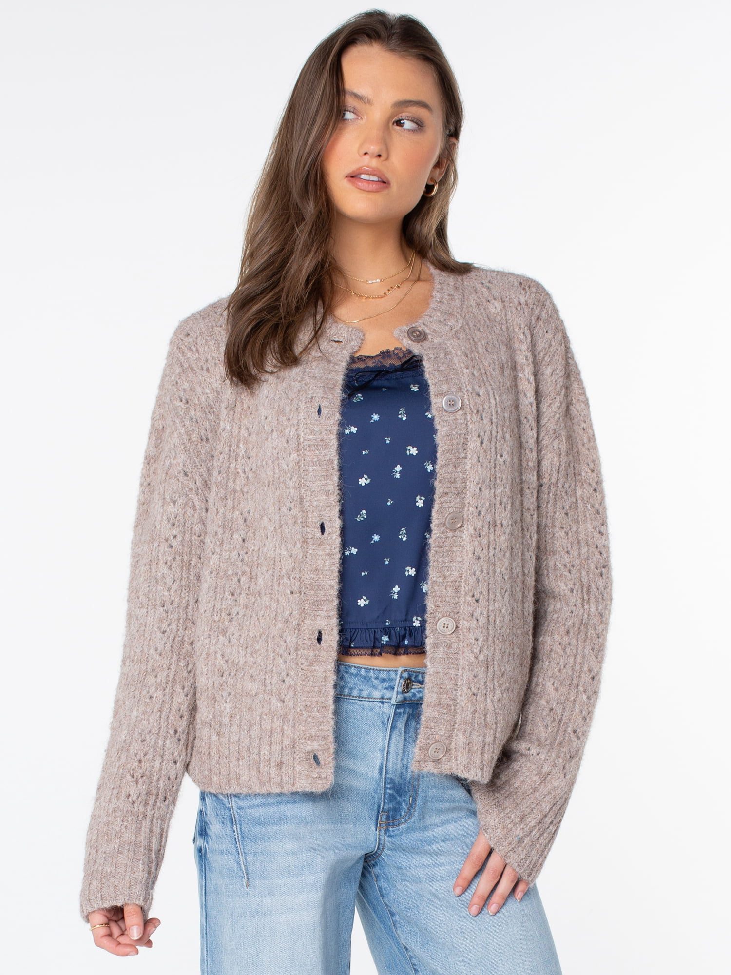 Soft taupe oversized button front cardigan from Walmart, a Jenni Kayne cocoon cardigan alternative