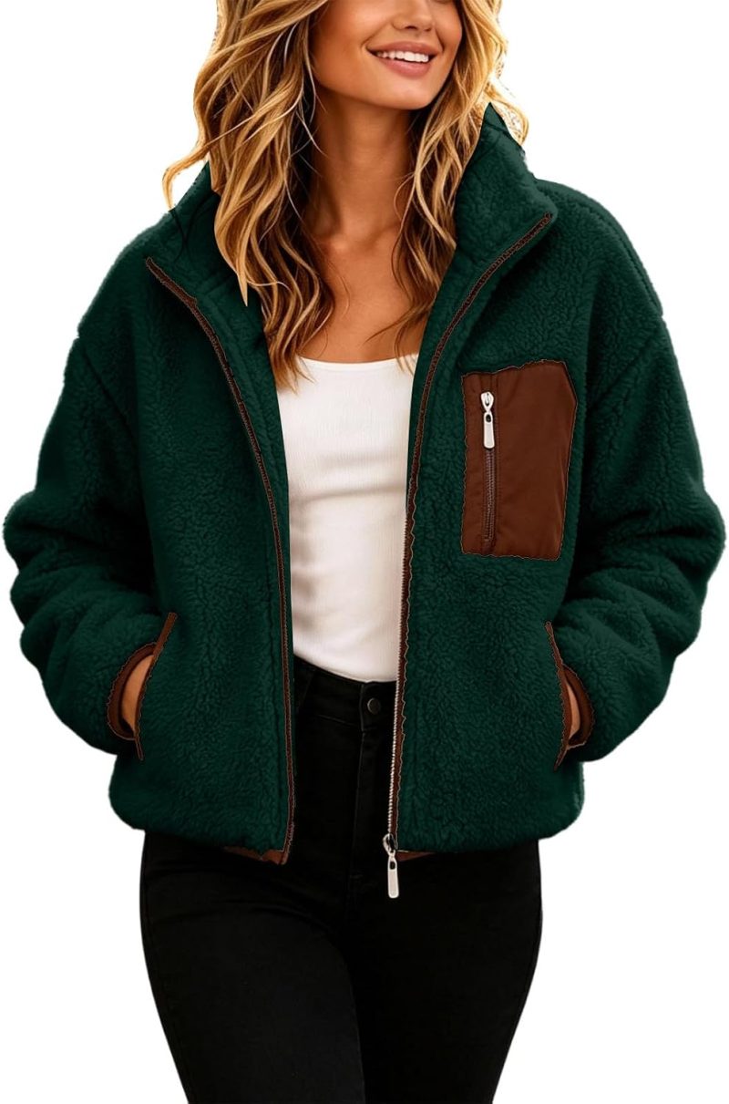 Forest green sherpa fleece jacket with stand collar and brown pocket from Amazon, a Free People Hit the Slopes jacket alternative