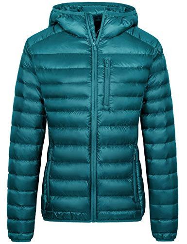 Teal Wantdo packable hooded down jacket from Amazon, a Lululemon Wunder Puff jacket alternative