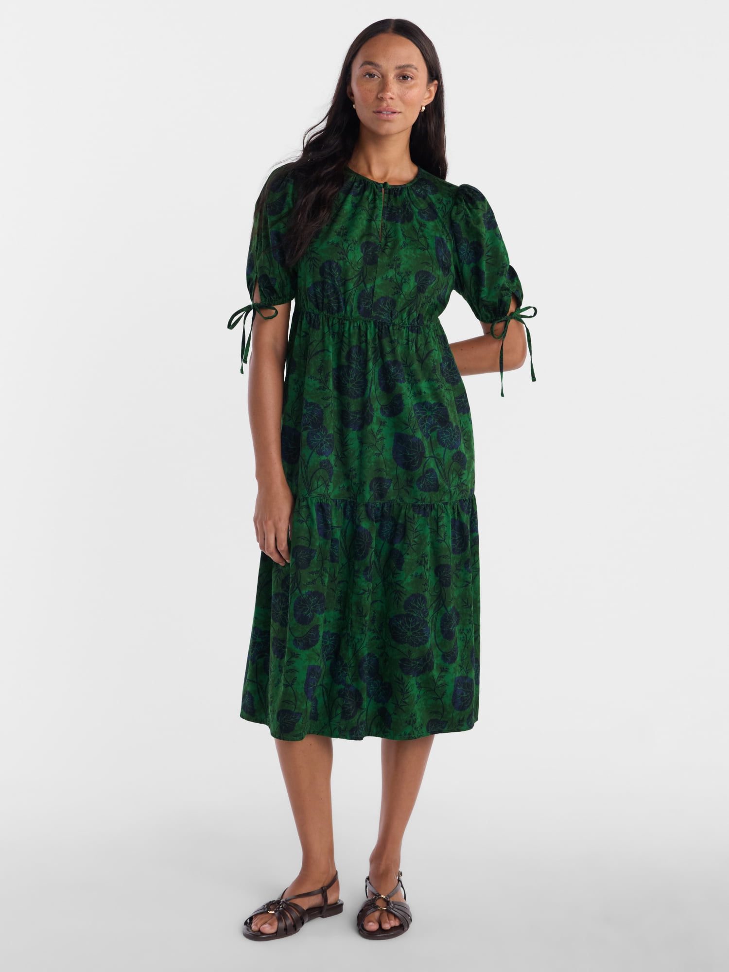 Time and Tru green tiered midi dress with puff sleeves from Walmart, a Doen dress alternative