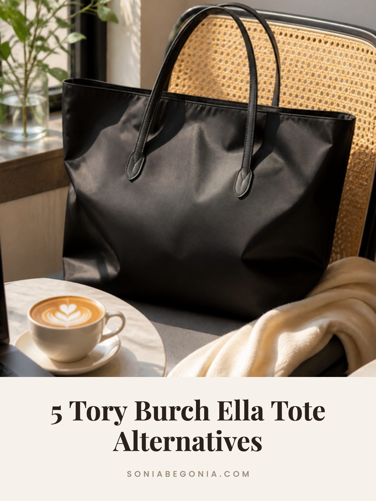 Tory Burch Ella tote alternatives: black nylon tote with leather handles on a cafe chair beside a latte