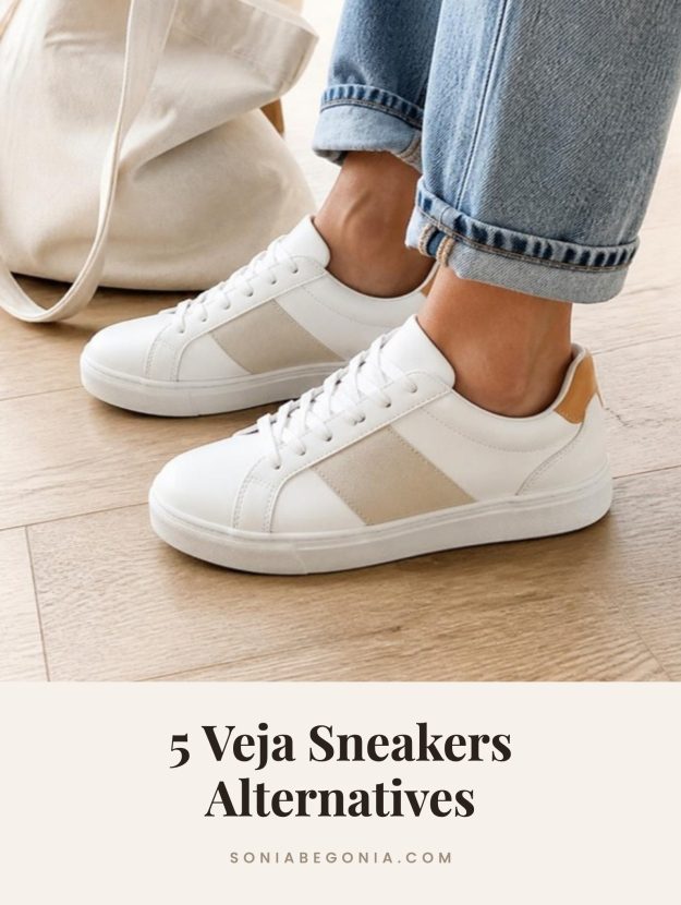 Veja sneakers alternatives: white leather sneakers with a beige suede panel worn with cuffed jeans