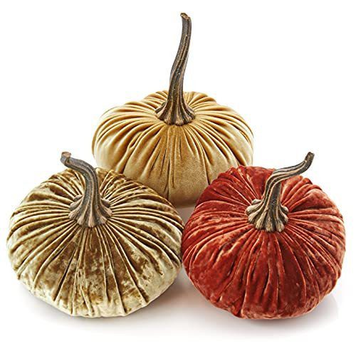 Set of 3 burnt orange and gold velvet pumpkins from Amazon, a Pottery Barn velvet pumpkin look alike
