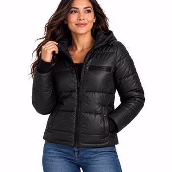 Black glossy Steve Madden hooded puffer jacket from Walmart, a Wunder Puff look alike