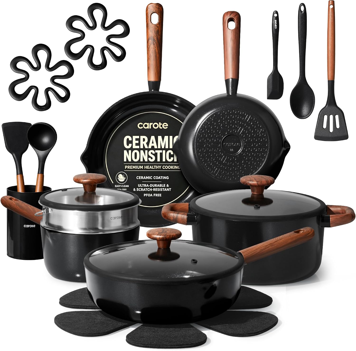 Ceramic cookware set with pots, pans and lids from Amazon, a Caraway cookware look alike