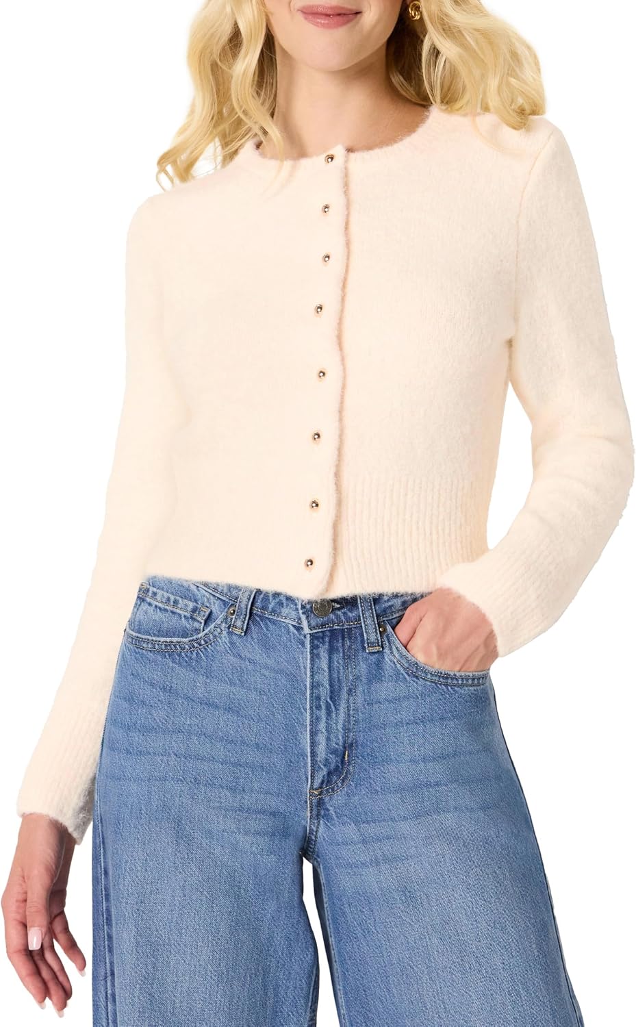Cream faux mohair crew neck cardigan with gold buttons from Amazon, a Sezane Gaspard cardigan alternative