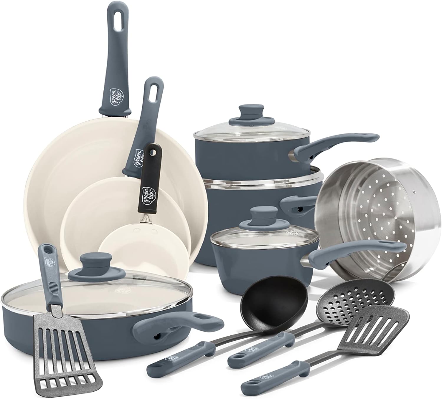 Gray ceramic nonstick 16 piece pots and pans set from Amazon, a Caraway cookware alternative