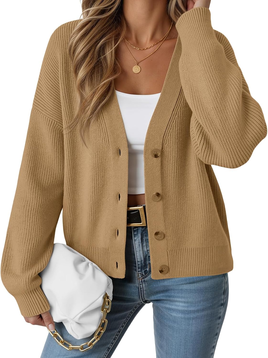 Khaki oversized V-neck button front knit cardigan from Amazon, a Jenni Kayne cocoon cardigan look alike
