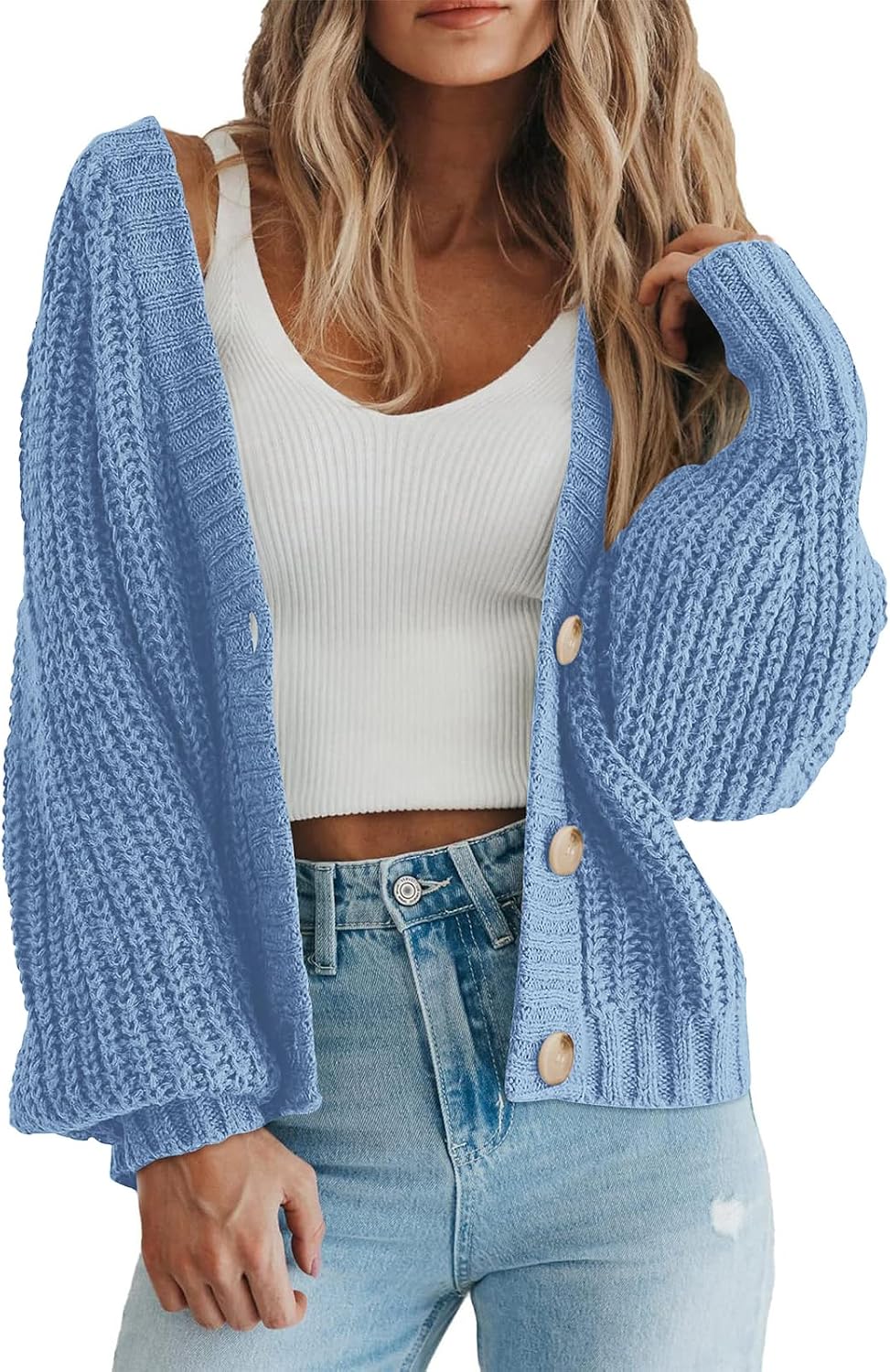 Light blue cropped chunky knit V-neck button cardigan from Amazon, a cropped Jenni Kayne cocoon cardigan alternative