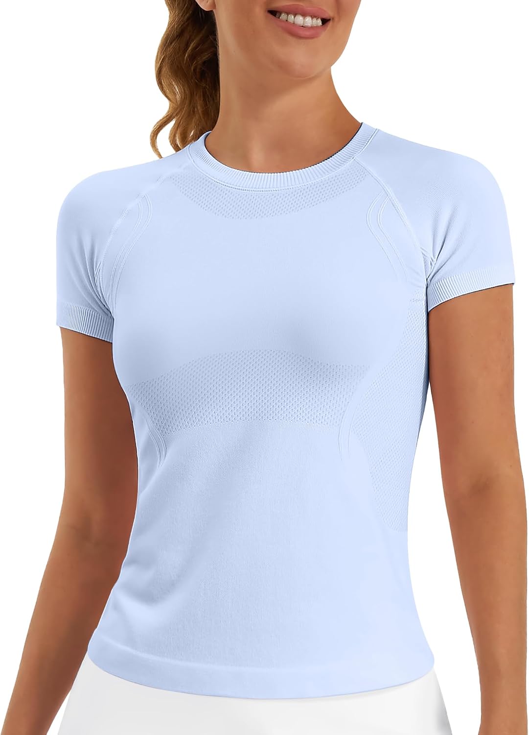 Stelle light blue seamless short sleeve workout top from Amazon, a Lululemon Swiftly Tech alternative