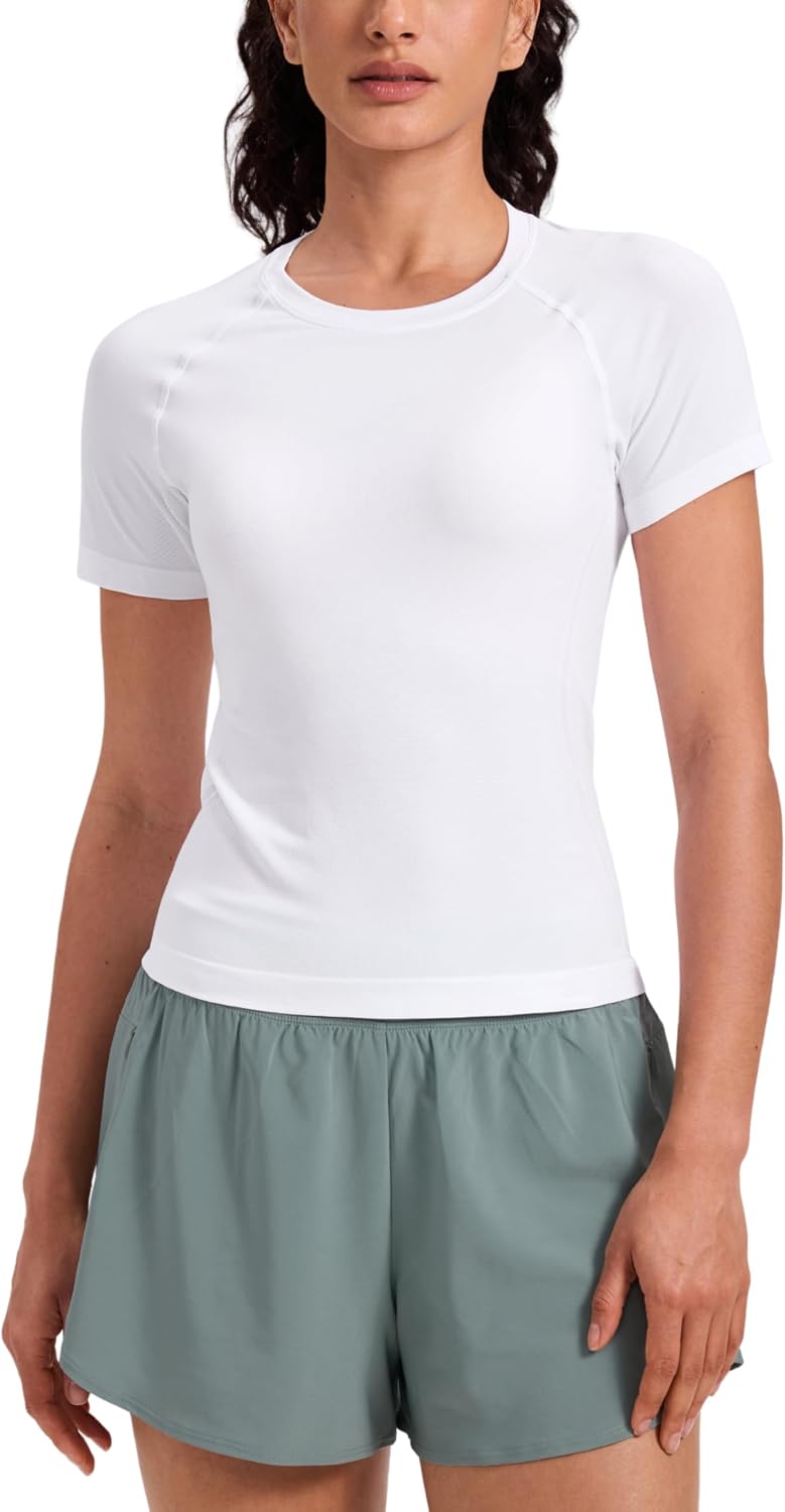 CRZ YOGA white seamless waist length t-shirt from Amazon, a Lululemon Swiftly Tech short sleeve alternative