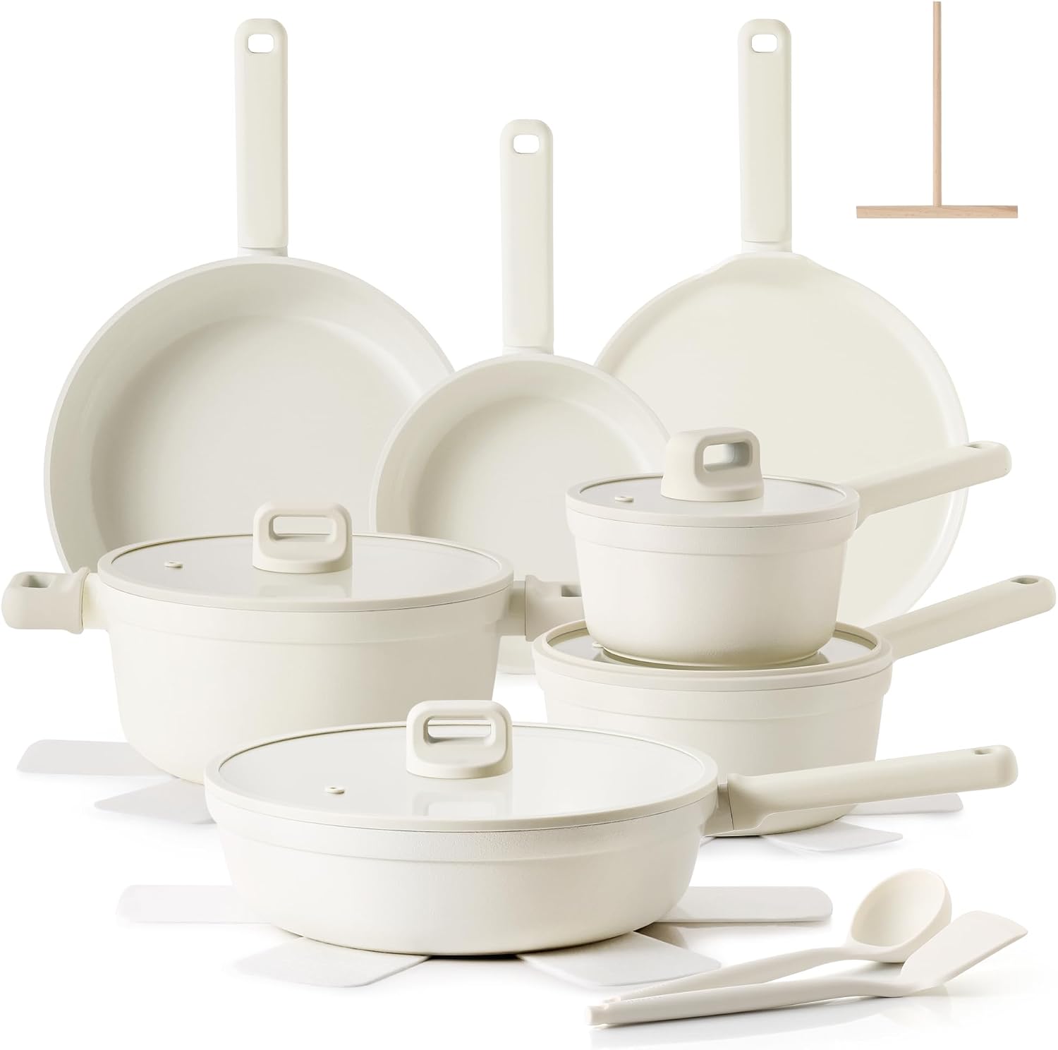 White ceramic nonstick 20 piece cookware set from Amazon, a Caraway cookware alternative
